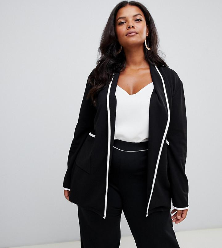 Prettylittlething Plus Contrast Trim Relaxed Blazer In Black - Black