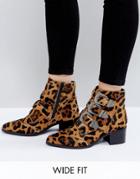 Asos Relieve Wide Fit Leopard Buckle Leather Ankle Boots - Multi