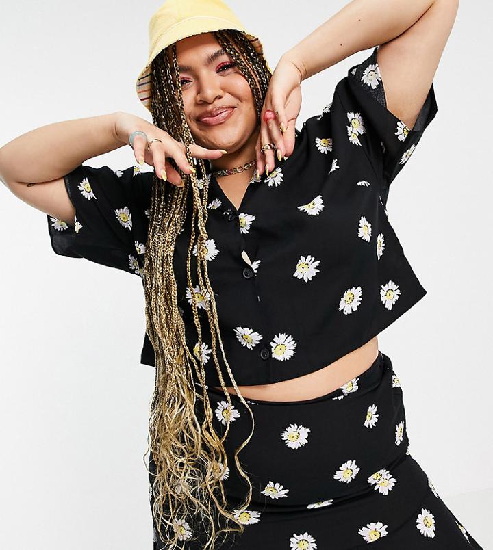 Asos Design Curve Cropped Shirt In Daisy Print - Part Of A Set-multi