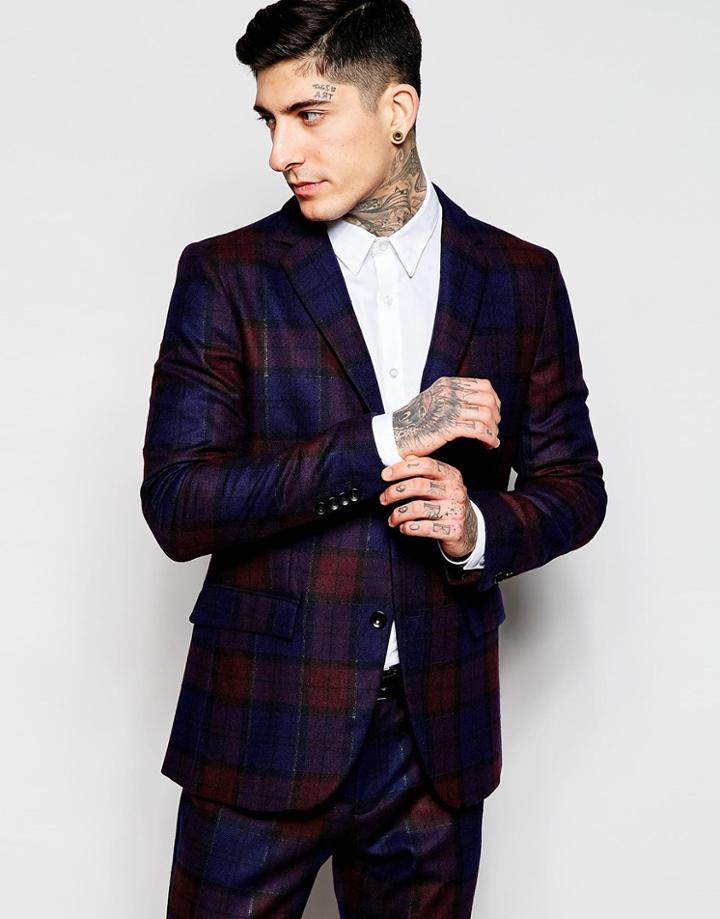 Sisley Plaid Suit Jacket In Slim Fit - Navy