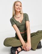 Asos Design Fitted Crop Top With Notch Neck In Khaki & Black Heather Rib-multi