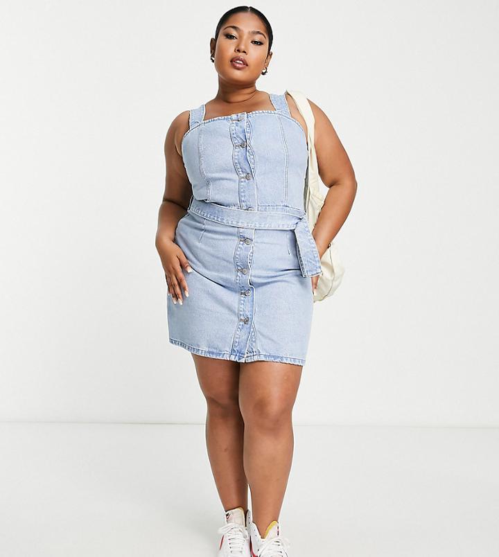 Dtt Plus Denim Pinafore Dress With Tie Waist In Light Blue
