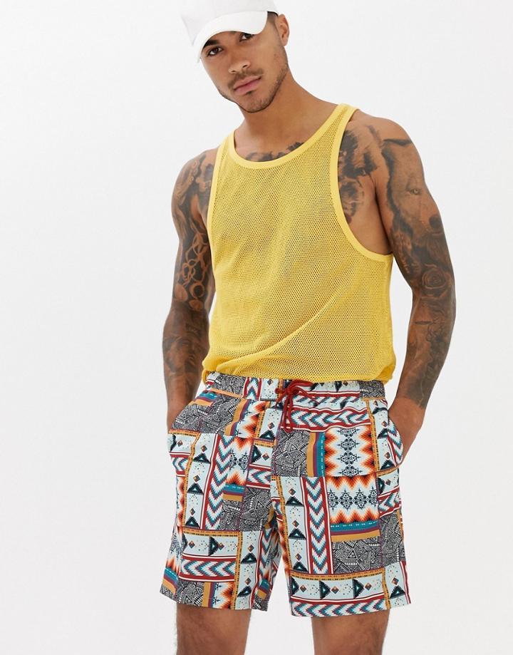 Asos Design Swim Shorts With Patchwork Geo-tribal Print In Mid Length - White