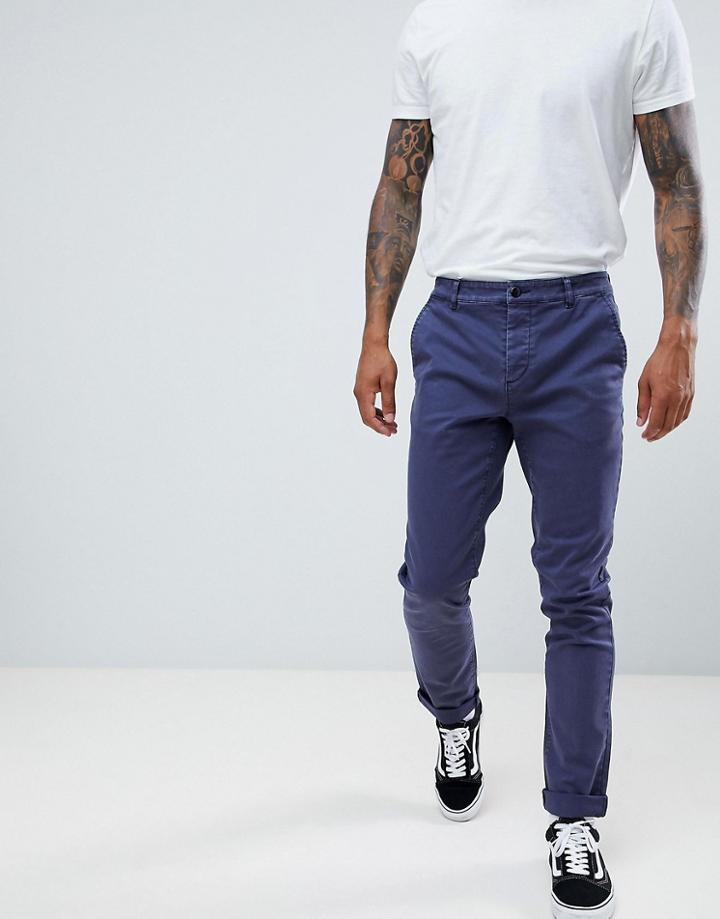 Asos Design Slim Chinos In Dark Blue Wash With Turn Up - Blue