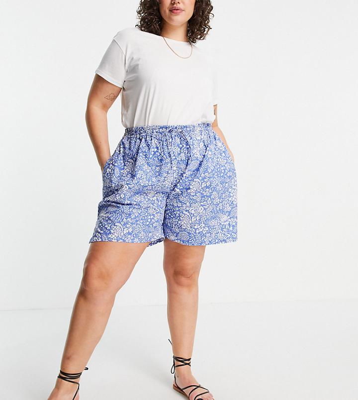 Only Curve Cotton Shorts In Blue Floral-brown