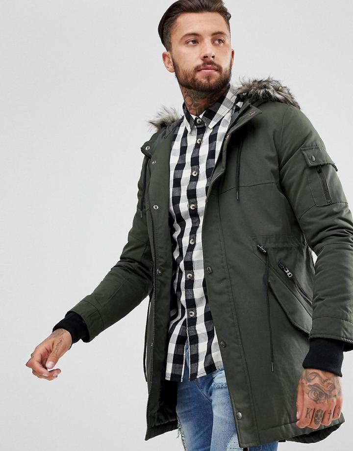 Yourturn Heavyweight Parka In Khaki With Faux Fur Hood - Green