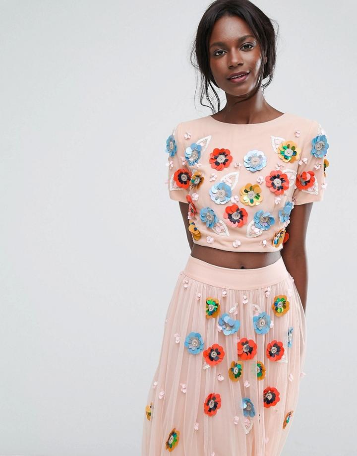 Lace & Beads Cropped Top With Neon 3d Embellishment - Multi