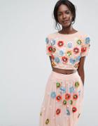 Lace & Beads Cropped Top With Neon 3d Embellishment - Multi