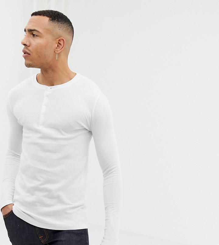 Asos Design Tall Long Sleeve T-shirt With Grandad Neck In Waffle In White - White