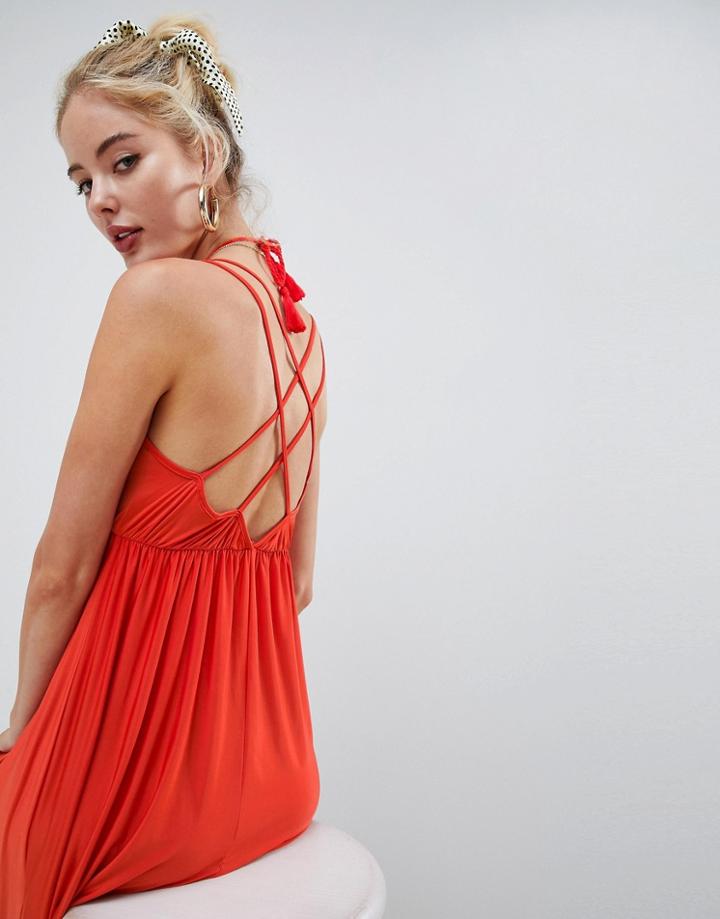 Asos Design Maxi Dress With Cross Back And Rope Tie - Blue