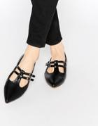 London Rebel T Bar Pointed Flat Shoes - Black Pu