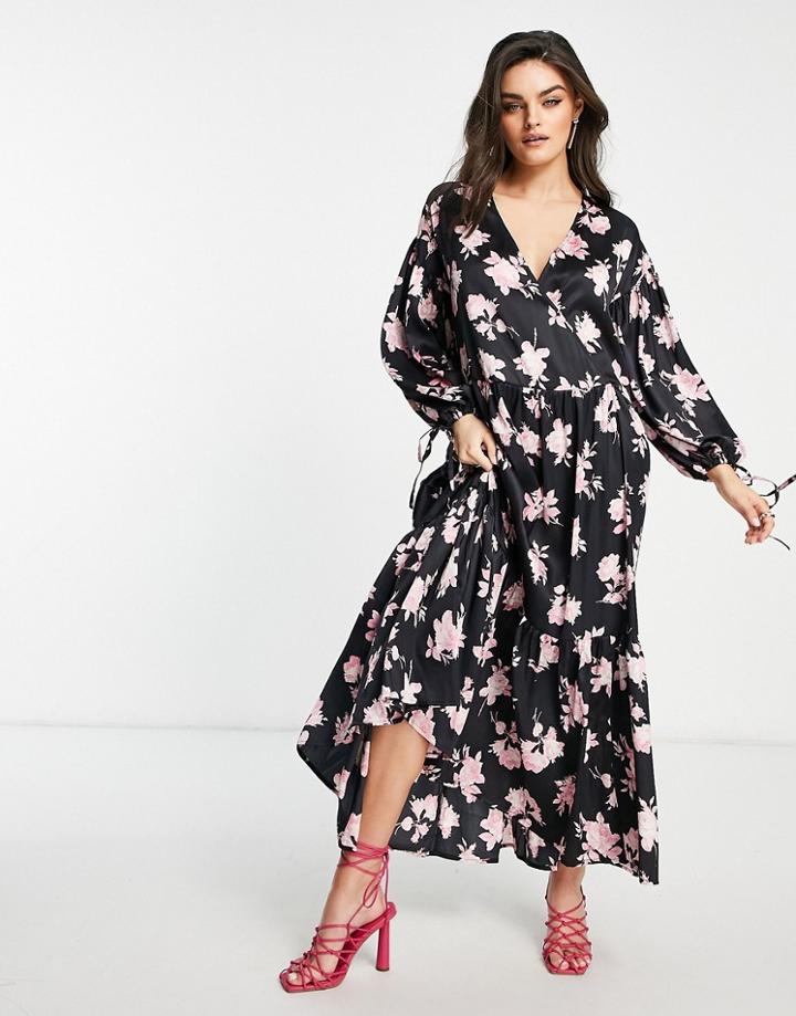 Asos Design Satin Wrap Front Smock Maxi Dress In Pink Rose Floral-multi