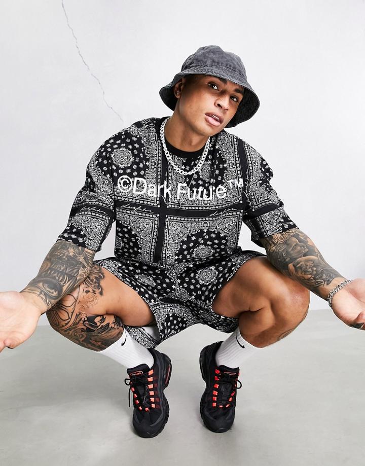 Asos Dark Future Set Oversized T-shirt With All Over Tile Print In Black
