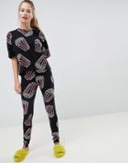 Asos Design Popcorn Stencil Boxy Pyjama Tee And Legging Set - Black