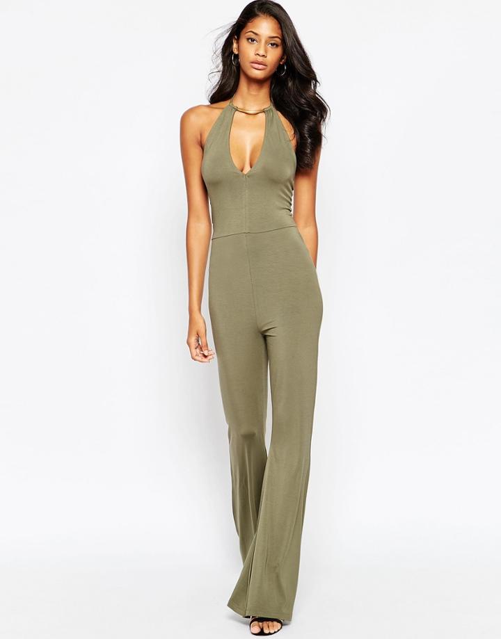 Asos Jumpsuit With Metal Necklace - Khaki