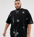Asos Design Plus Oversized T-shirt With All Over Line Print - Black