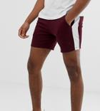 Asos Design Tall Jersey Skinny Shorts In Shorter Length With Side Stripe In Burgundy-red