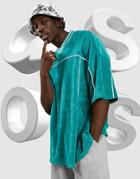 Asos Design Longline V-neck T-shirt In Green Terry