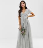 Maya Petite Bridesmaid V Neck Maxi Tulle Dress With Tonal Delicate Sequins In Soft Gray