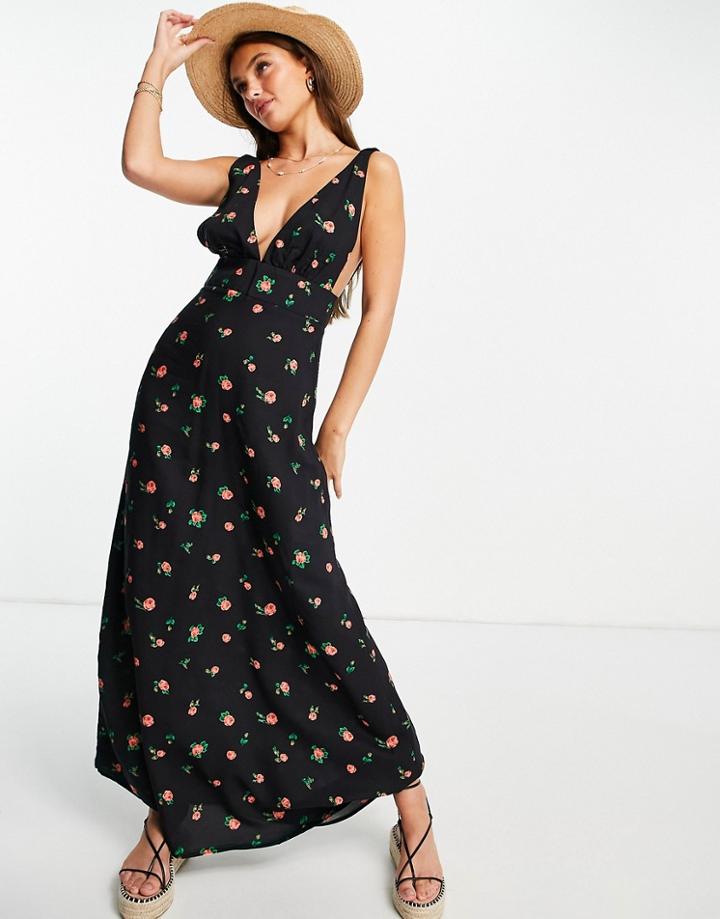 Asos Design Plunge Maxi Dress In Black Based Ditsy Floral Print-multi