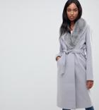 Asos Design Tall Faux Fur Collar Coat With Tie Belt - Gray