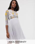 Asos Design Maternity Mini Dress With Pleat Skirt And Lace Inserts In Floral Embroidery - Multi