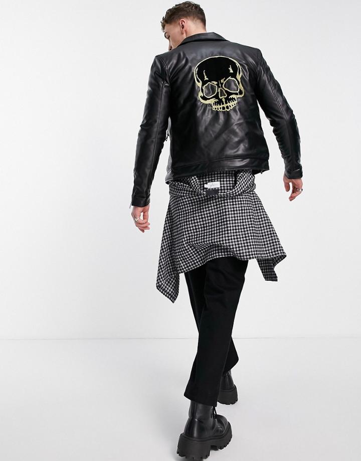 Bolongaro Trevor Faux Leather Biker Jacket With Skull Back Print In Black