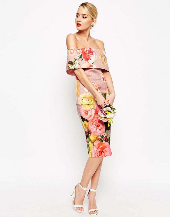 Asos Wedding Printed Bardot Off The Shoulder Hitchcock Midi Pencil Dress - Multi