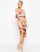 Asos Wedding Printed Bardot Off The Shoulder Hitchcock Midi Pencil Dress - Multi
