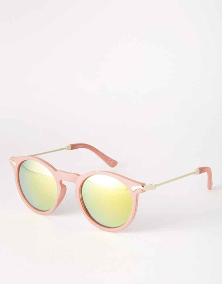 Asos Skinny Round Sunglasses With Metal Arms And Flash Lens - Pink