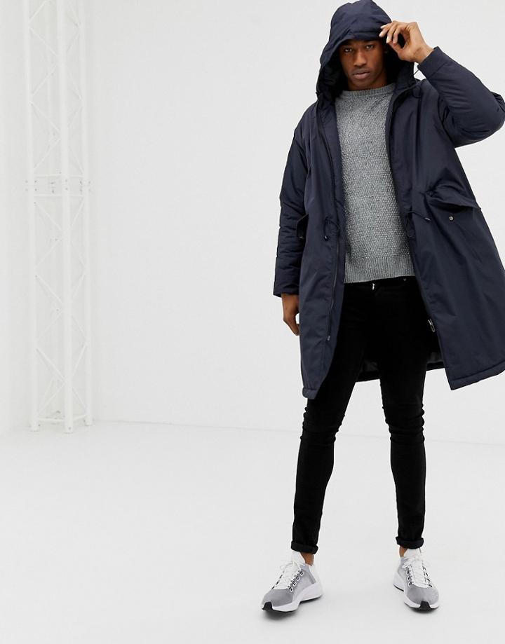 Asos Design Parka Jacket With Dropped Hem With Hood In Navy