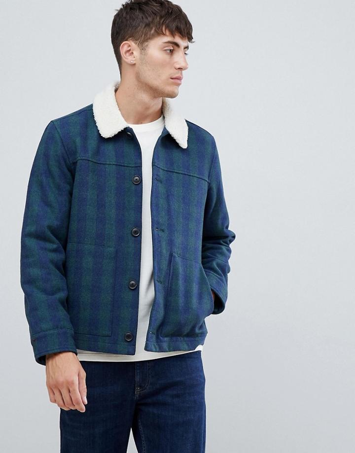 Farah Dunkelf Check Fleece Collar Jacket In Navy - Navy