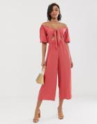 Asos Design Tea Jumpsuit With Puff Sleeve And Tie Detail