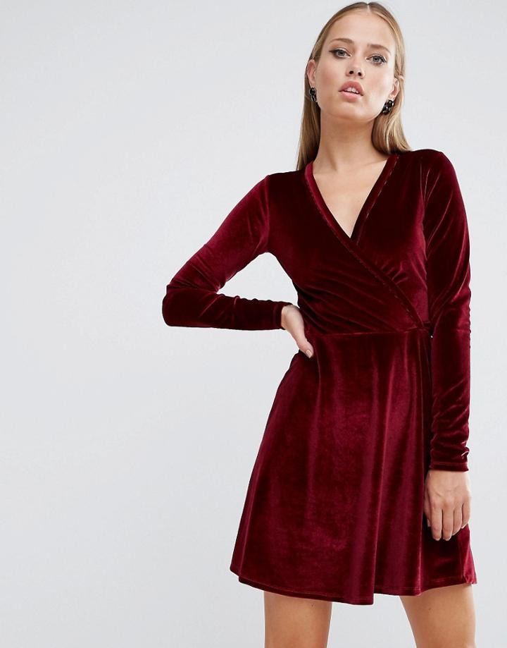 Asos Wrap Skater Dress In Velvet - Red