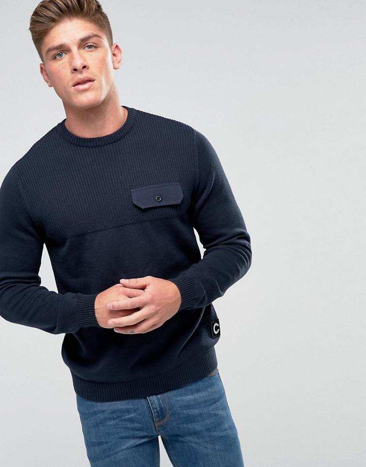 Jack & Jones Core Knitted Sweater With Ribbed Panel And Pocket - Navy