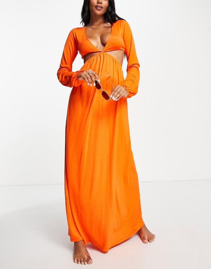 Asos Design Long Sleeve Cut Out Detail Beach Maxi Dress In Orange