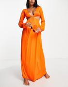 Asos Design Long Sleeve Cut Out Detail Beach Maxi Dress In Orange