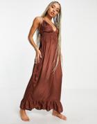 Asos Design Tiered Skinny Tie Maxi Beach Dress In Chocolate Brown