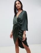 Asos Design Satin Kimono Midi Dress With Knot Front And Asymmetric Sleeve - Green