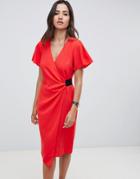 Asos Design Drape Front Midi Pencil Dress With Elastic Detail - Red
