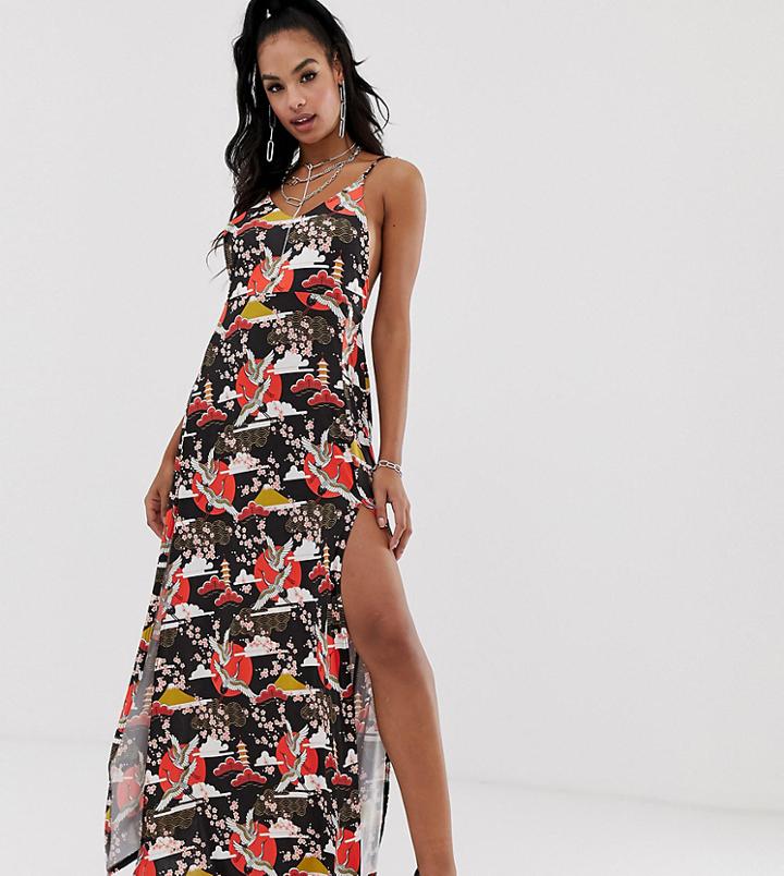 Rokoko Midi Cami Dress With Thigh Split With Bird Print-black