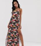 Rokoko Midi Cami Dress With Thigh Split With Bird Print-black