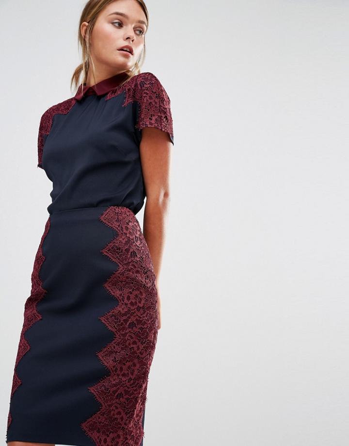 Ted Baker Quintaa Shirt With Scalloped Lace Trim - Navy