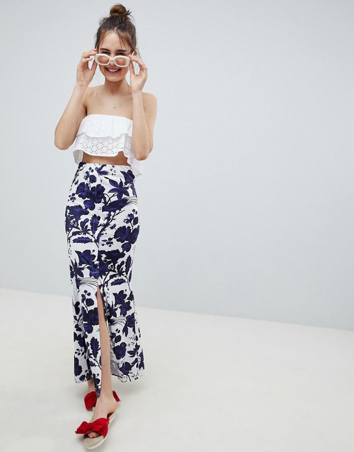 Asos Design Maxi Skirt With Buttons And Split In Blue China Floral - Multi