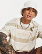 Asos Design Organic Oversized Textured Stripe T-shirt In Beige With Roman Numeral Embroidery-brown