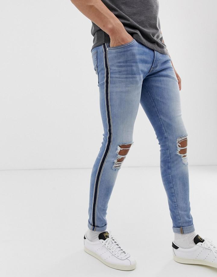 Jack & Jones Intelligence Spray On Skinny Fit Rip Knee Side Stripe Jeans In Blue - Blue