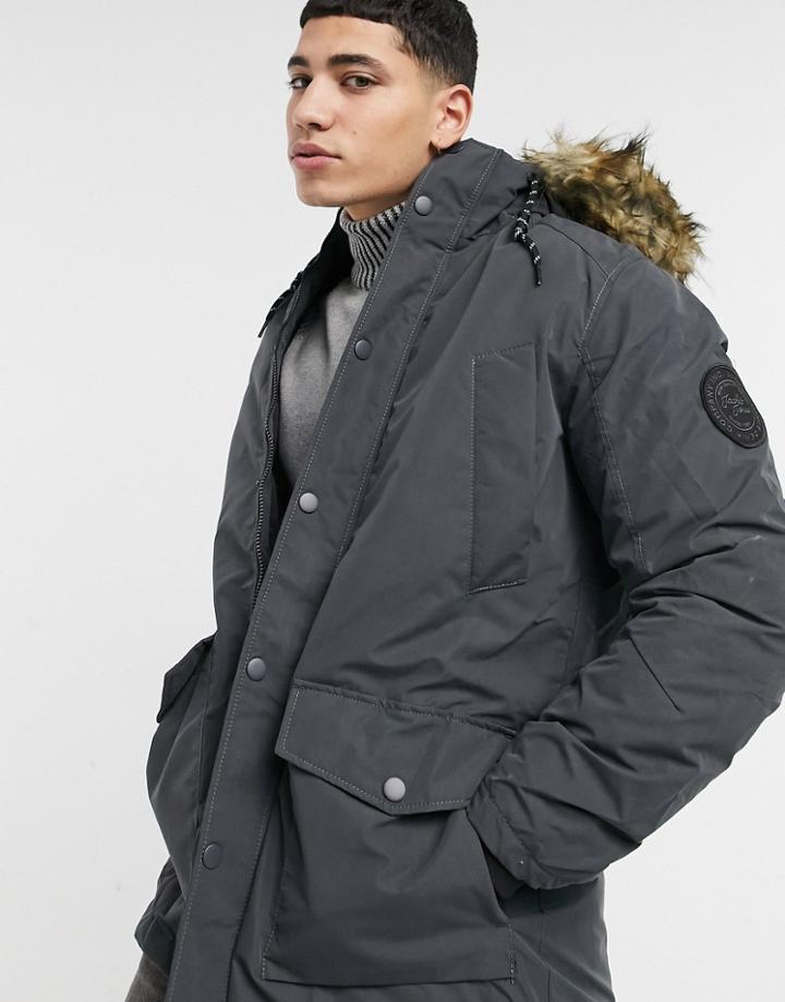 Jack & Jones Originals Parka With Faux Fur Hood In Gray-grey