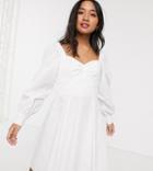 Asos Design Petite Cotton Sweetheart Mini Skater Dress With Puff Sleeves-white