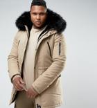 Sixth June Plus Parka Jacket In Stone With Extreme Faux Fur Hood - Stone