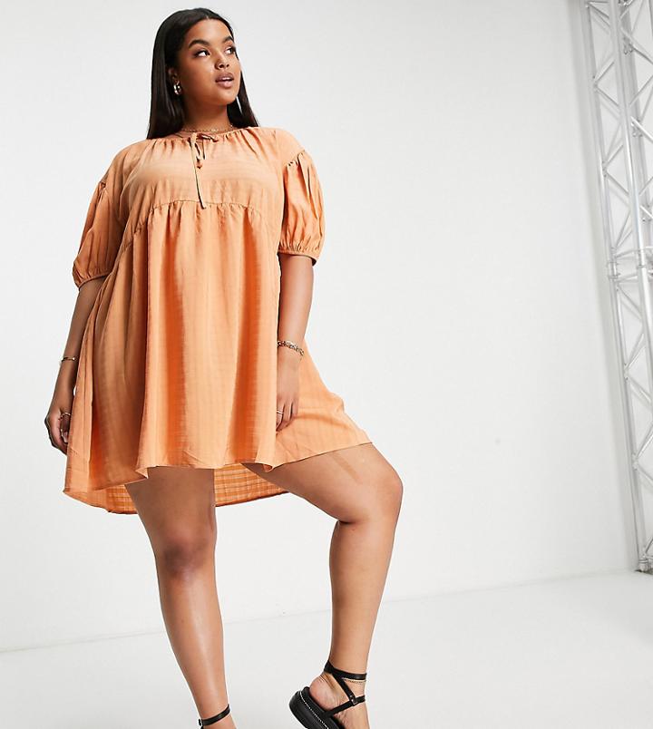 Lola May Plus Smock Dress With Tie In Orange